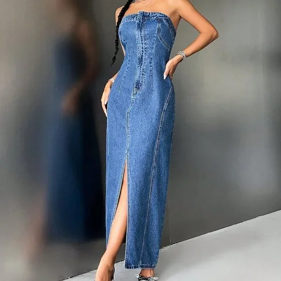 Blue Preppy Womens Split Thigh Tube Denim Dress
